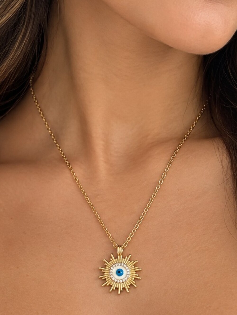 Gold Tone Evil Eye Sunburst Rhinestone Pendant Necklace